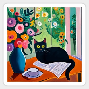 Black Cat with Flowers in Blue Vase Still Life Painting Sticker